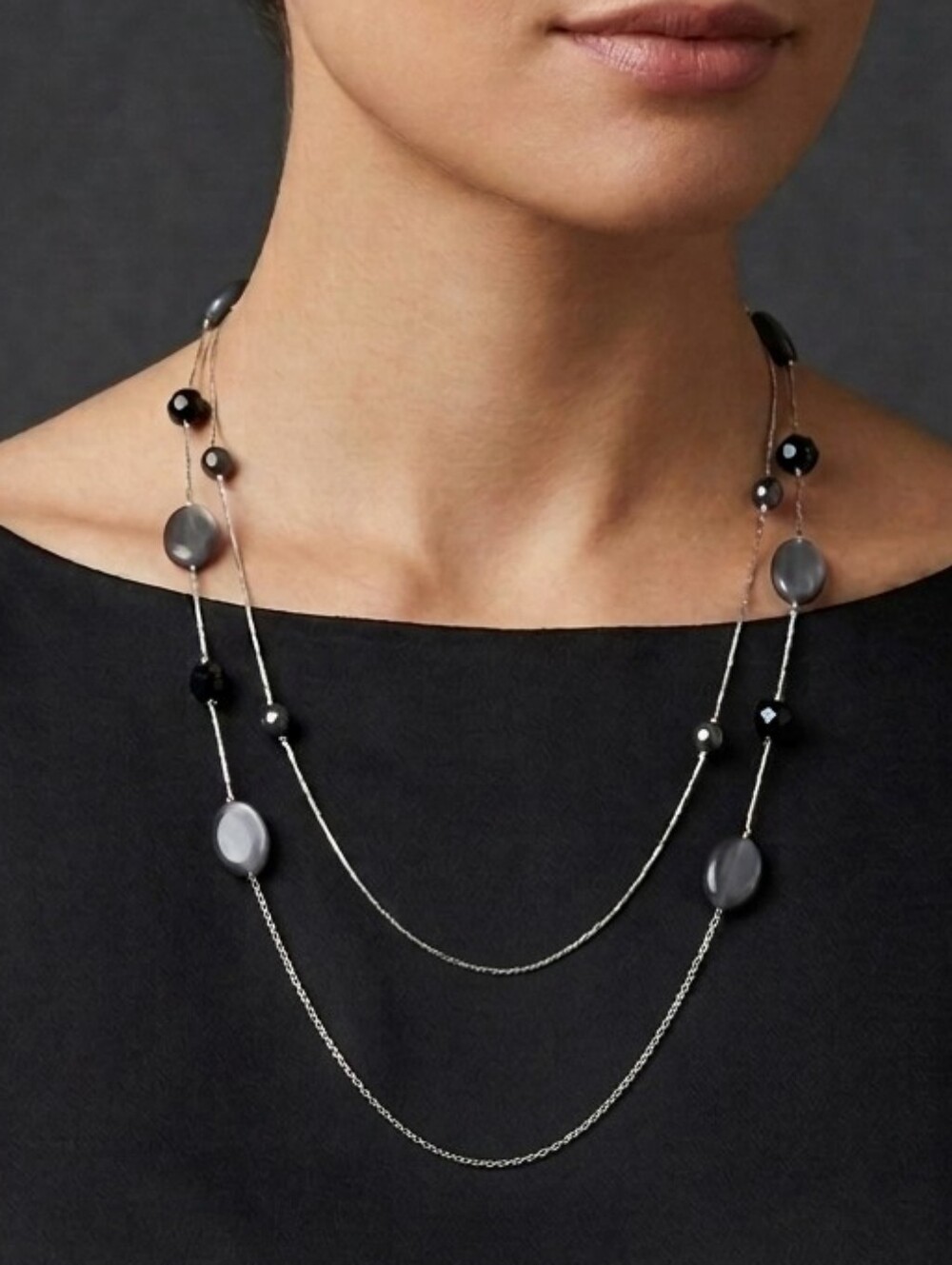 VTG Black Acrylic Bead Silver Double Strand Necklace 14"-17"